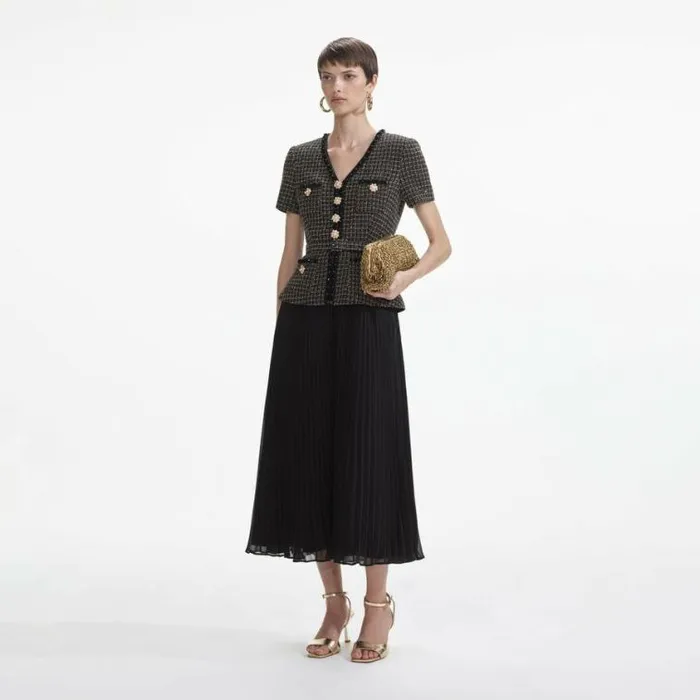 Self Portrait Wedding Guest Black Boucle Chiffon Midi Dress 8211 Women