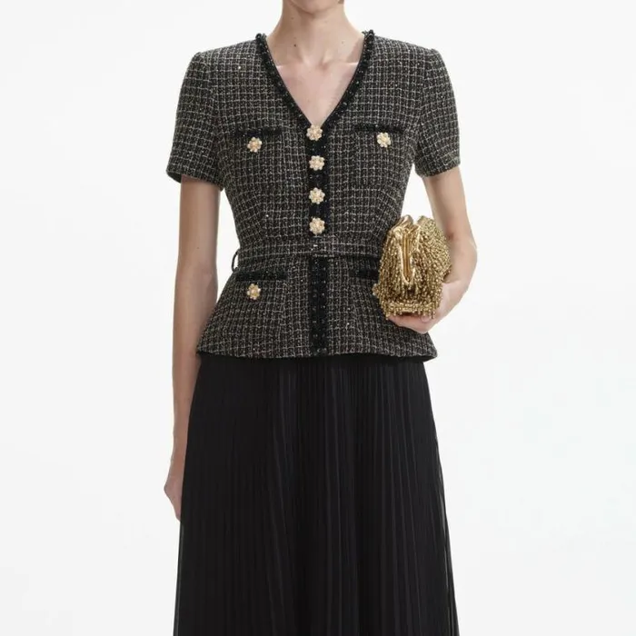 Self Portrait Wedding Guest Black Boucle Chiffon Midi Dress 8211 Women