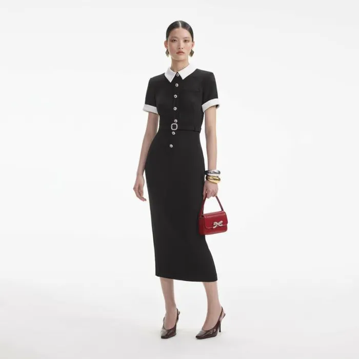 Self Portrait Wedding Guest Black Crepe Contrast Midi Dress 8211 Women
