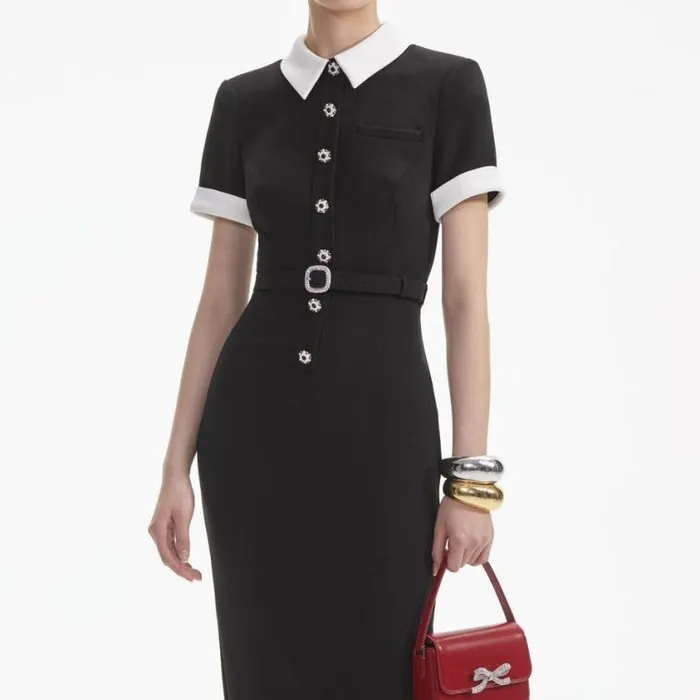 Self Portrait Wedding Guest Black Crepe Contrast Midi Dress 8211 Women