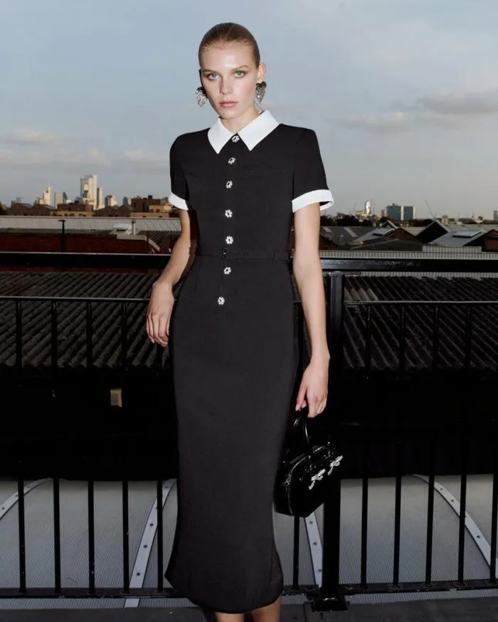 Self Portrait Wedding Guest Black Crepe Contrast Midi Dress 8211 Women