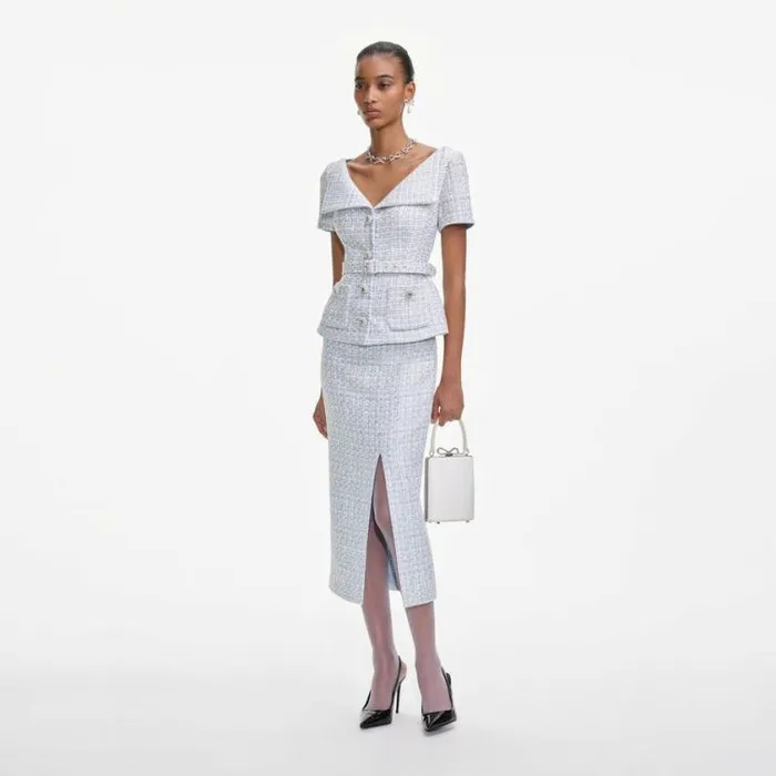 Self Portrait Wedding Guest Blue Boucle Midi Dress 8211 Women