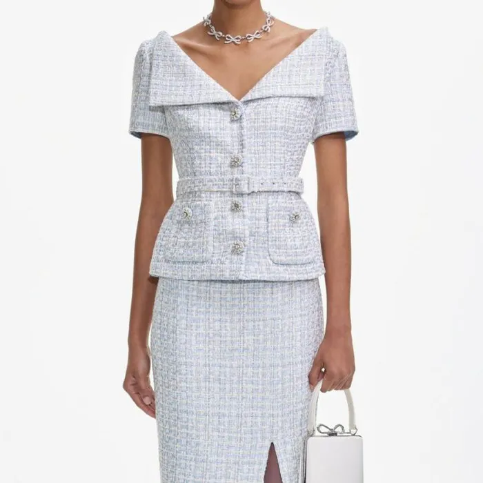 Self Portrait Wedding Guest Blue Boucle Midi Dress 8211 Women