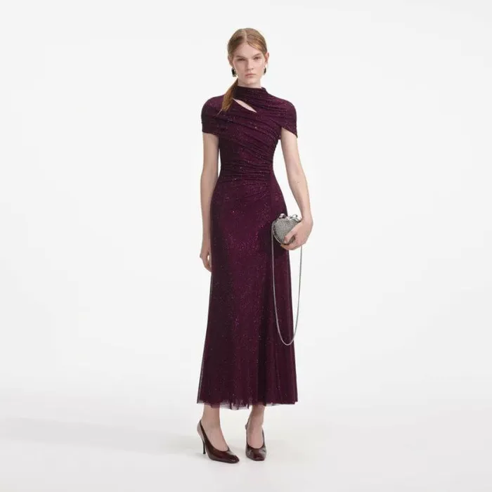 Self Portrait Wedding Guest Burgundy Rhinestone Mesh Cut Out Midi Dress 8211 Women