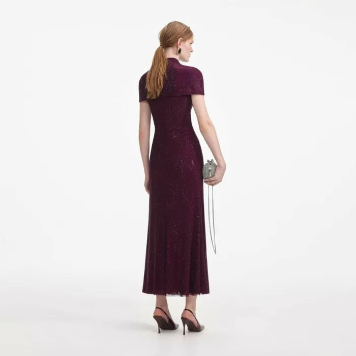 Self Portrait Wedding Guest Burgundy Rhinestone Mesh Cut Out Midi Dress 8211 Women