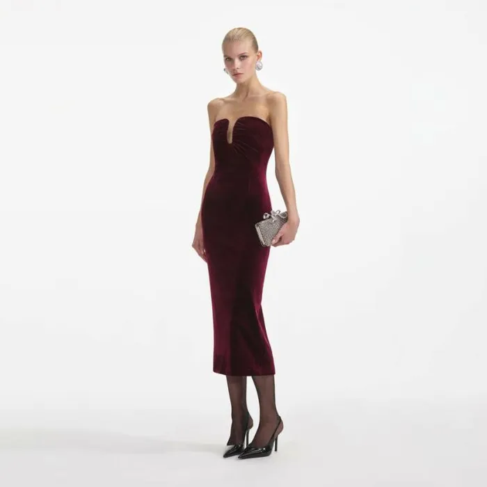 Self Portrait Wedding Guest Burgundy Velvet Midi Dress 8211 Women