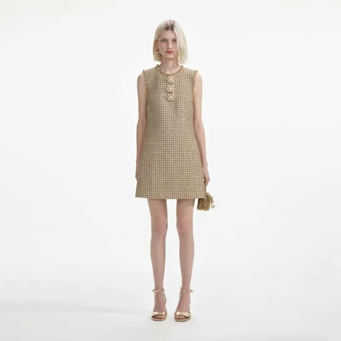 Self Portrait Wedding Guest Gold Boucle Embellished Mini Dress 8211 Women