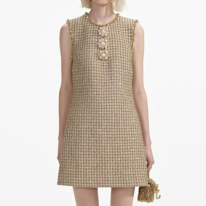 Self Portrait Wedding Guest Gold Boucle Embellished Mini Dress 8211 Women