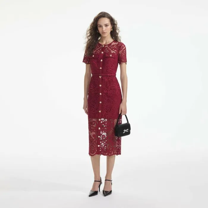 Self Portrait Wedding Guest Red Guipure Lace Button Midi Dress 8211 Women