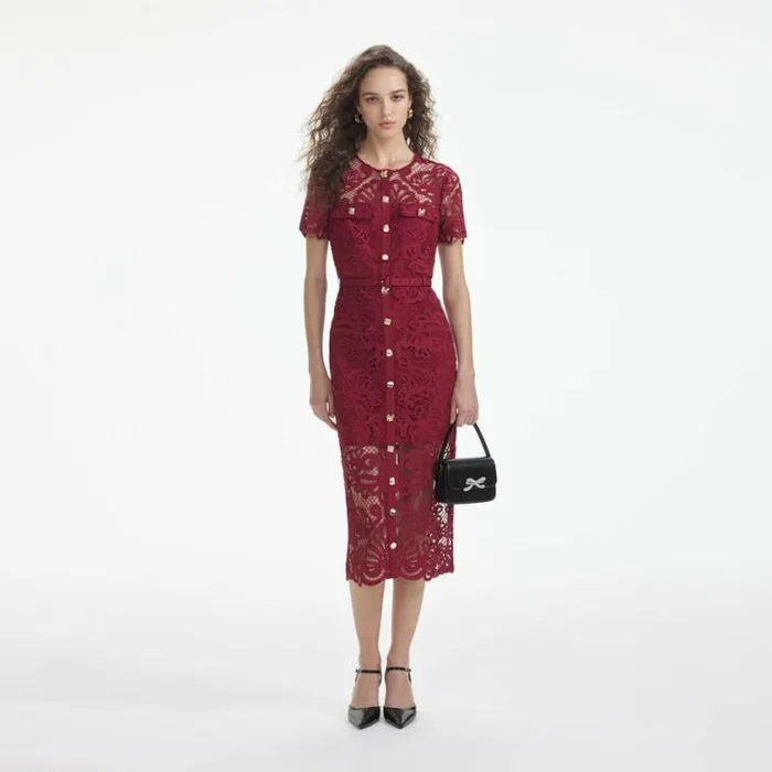 Self Portrait Wedding Guest Red Guipure Lace Button Midi Dress 8211 Women