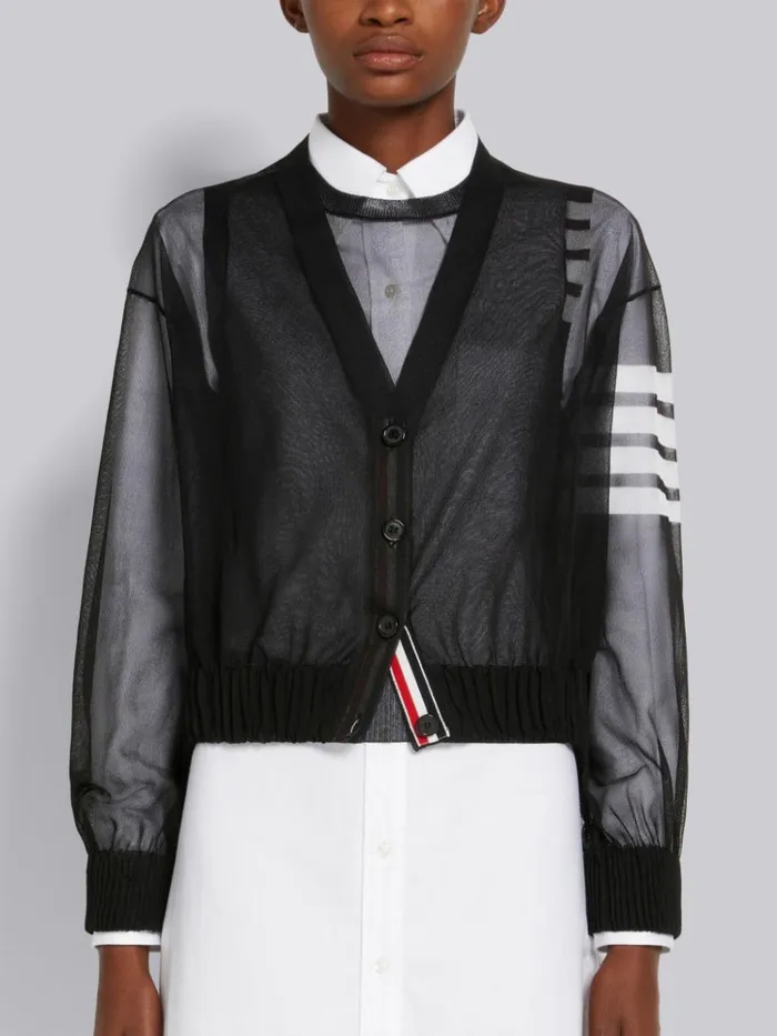 Sheer Ruched Silk 4bar Vneck Cardigan Black Women Thom Browne Knitwear