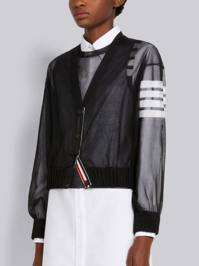 Sheer Ruched Silk 4bar Vneck Cardigan Black Women Thom Browne Knitwear