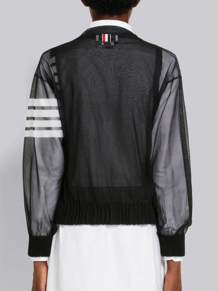 Sheer Ruched Silk 4bar Vneck Cardigan Black Women Thom Browne Knitwear