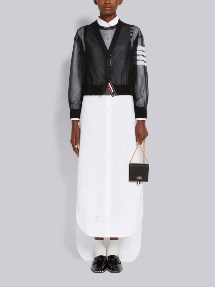 Sheer Ruched Silk 4bar Vneck Cardigan Black Women Thom Browne Knitwear