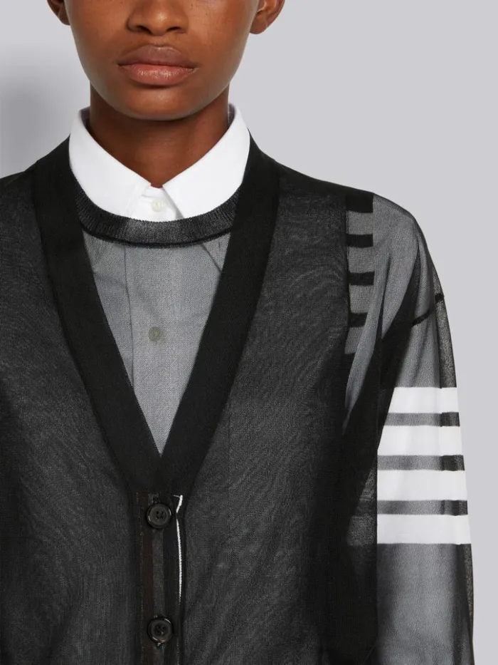 Sheer Ruched Silk 4bar Vneck Cardigan Black Women Thom Browne Knitwear