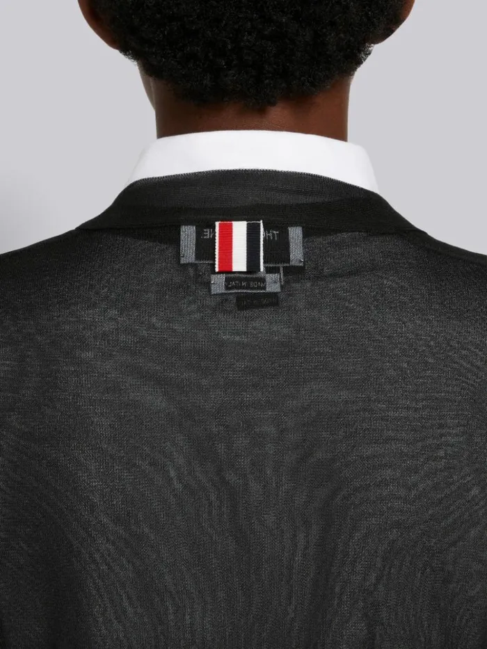 Sheer Ruched Silk 4bar Vneck Cardigan Black Women Thom Browne Knitwear
