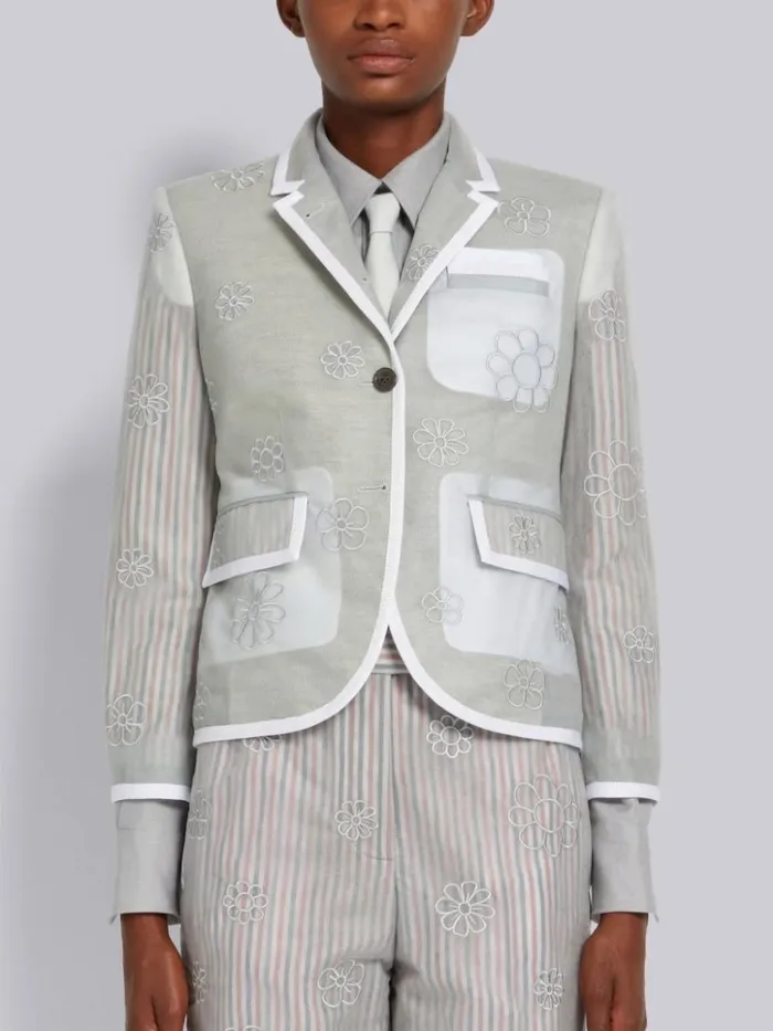 Sheer Soft Tulle Contrast Tipping Satin Stitch Floral Outline High Armhole Sport Coat Light Grey Women Thom Browne Jackets