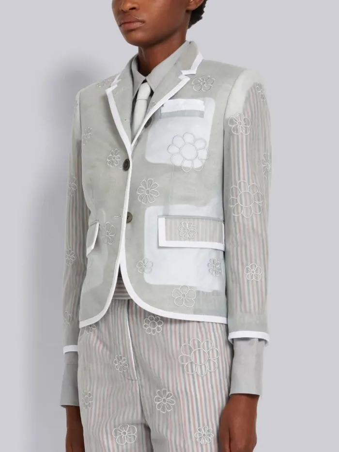 Sheer Soft Tulle Contrast Tipping Satin Stitch Floral Outline High Armhole Sport Coat Light Grey Women Thom Browne Jackets