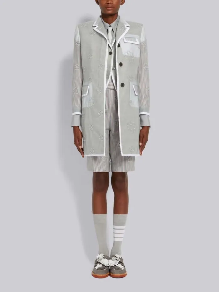 Sheer Soft Tulle Contrast Tipping Satin Stitch Floral Outline High Armhole Sport Coat Light Grey Women Thom Browne Jackets