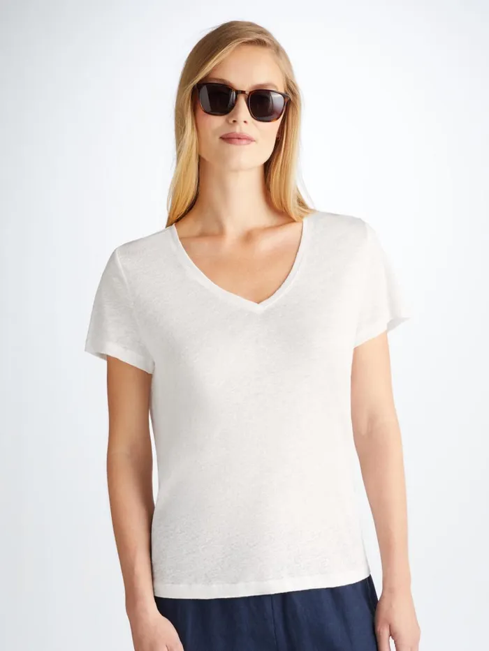 Short Sleeve TShirts Women Derek Rose VNeck TShirt Jordan Linen White