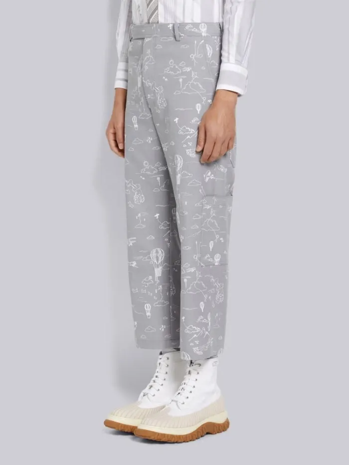 Sky Motif Printed Cotton Canvas Unconstructed Patch Pocket Trousers Medium Grey Men Thom Browne Trousers
