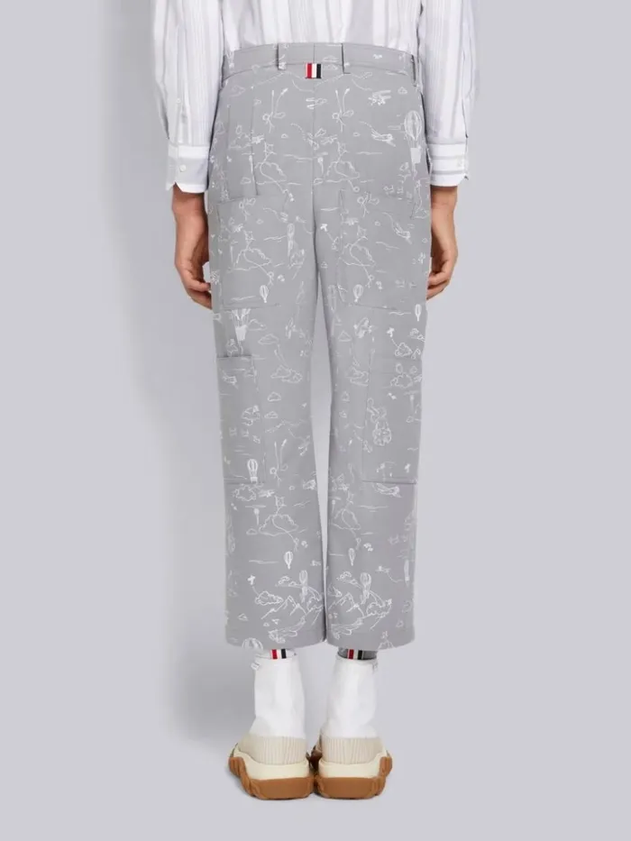 Sky Motif Printed Cotton Canvas Unconstructed Patch Pocket Trousers Medium Grey Men Thom Browne Trousers