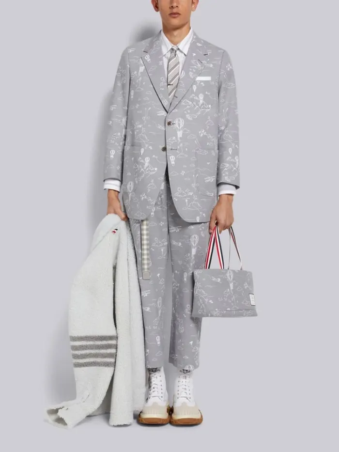Sky Motif Printed Cotton Canvas Unconstructed Patch Pocket Trousers Medium Grey Men Thom Browne Trousers