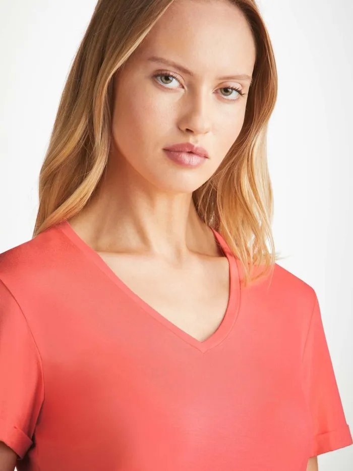 Sleep TShirts Women Derek Rose VNeck Sleep TShirt Lara Micro Modal Stretch Coral