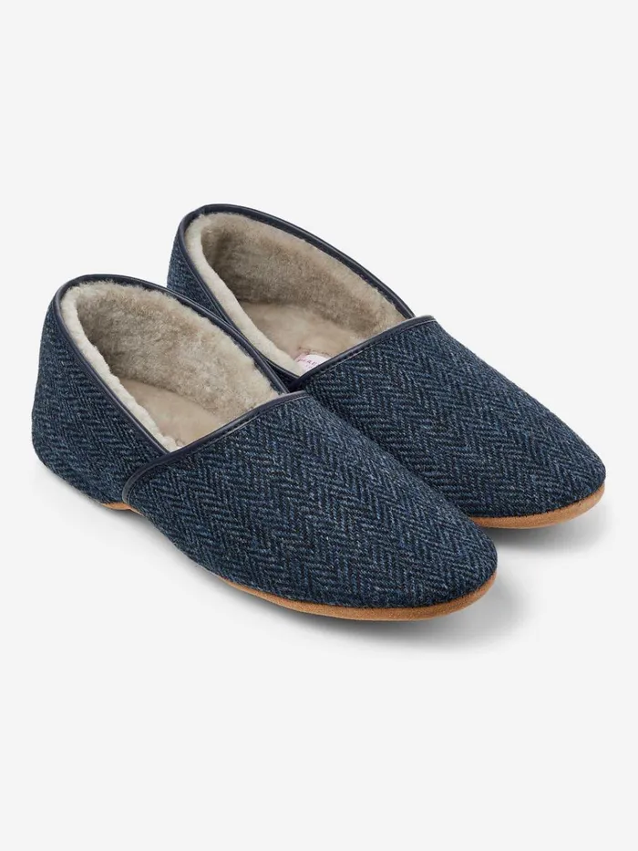 Slippers MenSlippers Derek Rose Slippers Crawford 2 Harris Tweed Sheepskin Navy