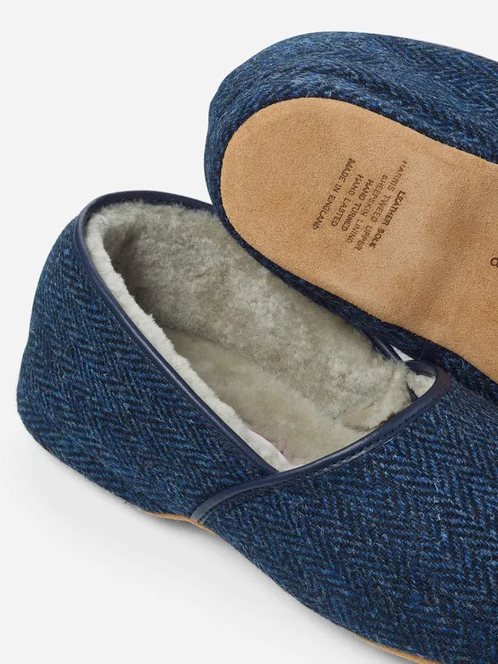 Slippers MenSlippers Derek Rose Slippers Crawford 2 Harris Tweed Sheepskin Navy
