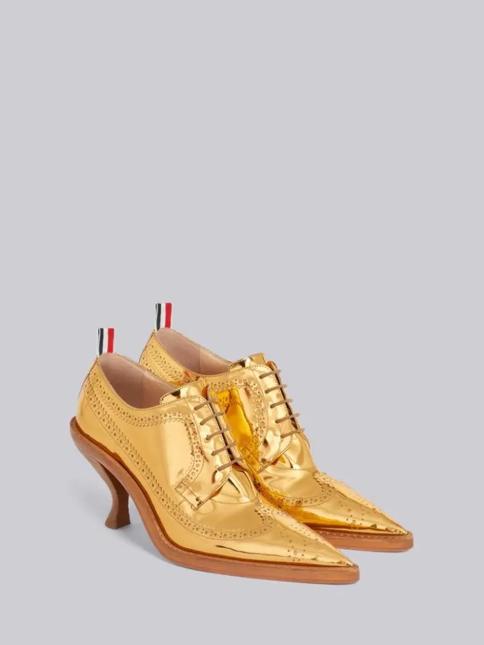 Specchio Calf Leather 75mm Curved Heel Longwing Brogue Gold Women Thom Browne Heels