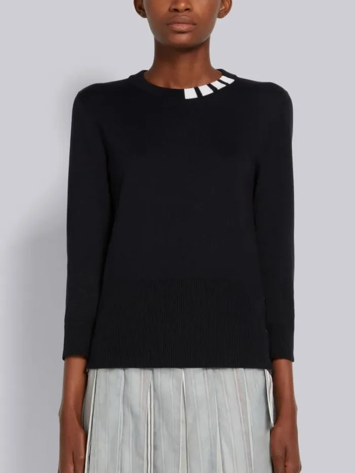 Stretch Silk Cotton Jersey 4bar Neckline 34 Sleeve Pullover Navy Women Thom Browne Tshirts and Polos Stretch Silk Cotton Jersey 4bar Neckline 34 Sleeve Pullover Navy Women Thom Browne Tshirts and Polos