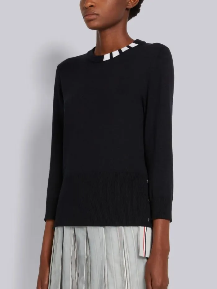 Stretch Silk Cotton Jersey 4bar Neckline 34 Sleeve Pullover Navy Women Thom Browne Tshirts and Polos