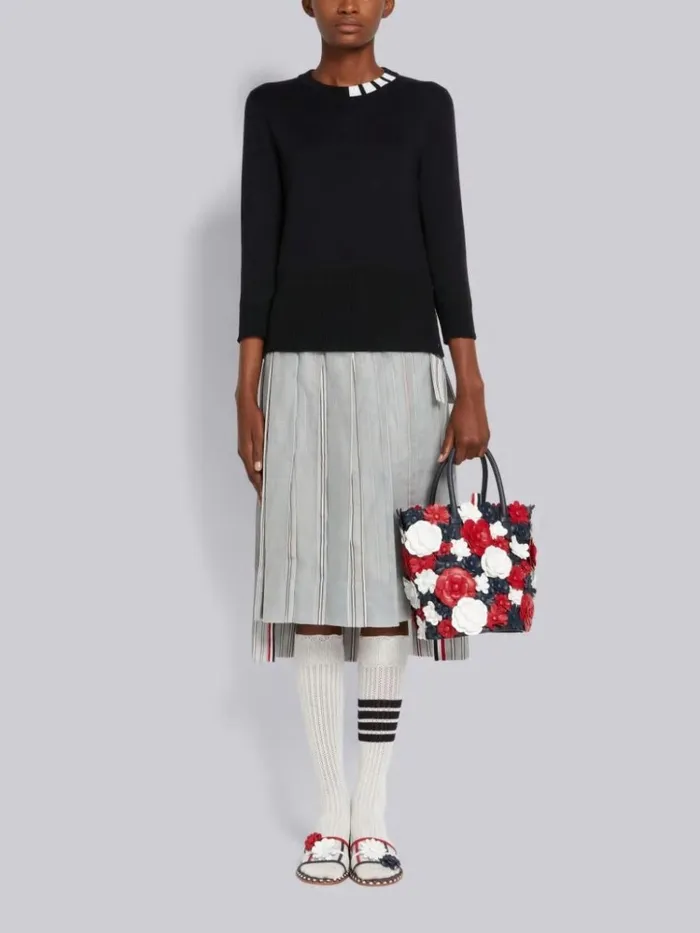 Stretch Silk Cotton Jersey 4bar Neckline 34 Sleeve Pullover Navy Women Thom Browne Tshirts and Polos