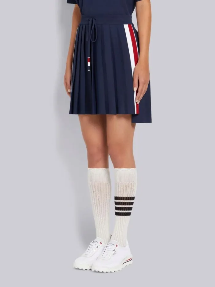 Stretch Viscose Intarsia Side Stripe Dropped Back Pleated Mini Skirt Navy Women Thom Browne Sweats