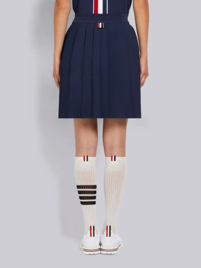 Stretch Viscose Intarsia Side Stripe Dropped Back Pleated Mini Skirt Navy Women Thom Browne Sweats