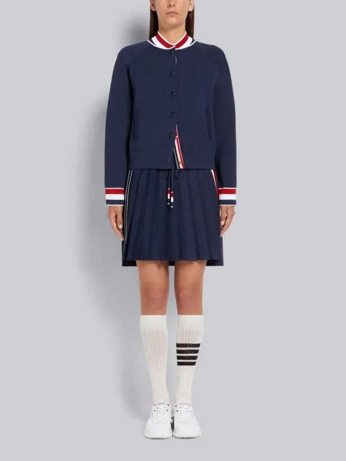 Stretch Viscose Intarsia Side Stripe Dropped Back Pleated Mini Skirt Navy Women Thom Browne Sweats