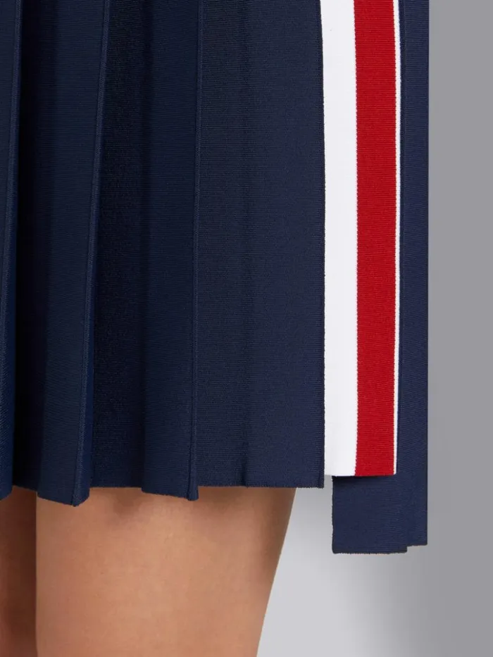 Stretch Viscose Intarsia Side Stripe Dropped Back Pleated Mini Skirt Navy Women Thom Browne Sweats
