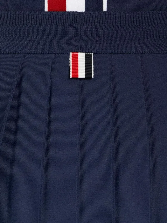 Stretch Viscose Intarsia Side Stripe Dropped Back Pleated Mini Skirt Navy Women Thom Browne Sweats