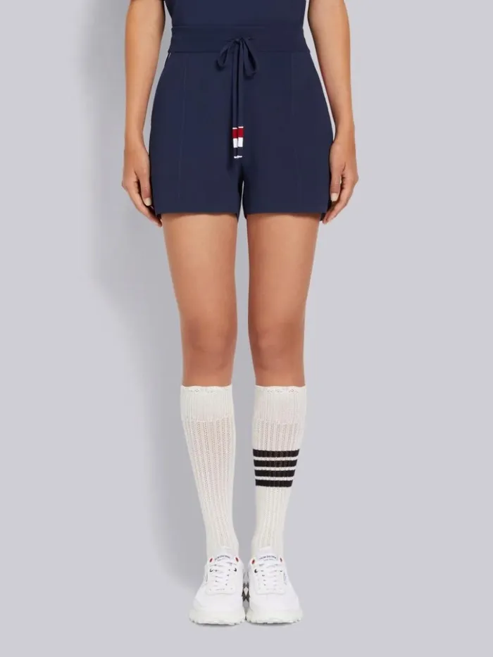 Stretch Viscose Intarsia Side Stripe Pintuck Midthigh Shorts Navy Women Thom Browne Sweats Stretch Viscose Intarsia Side Stripe Pintuck Midthigh Shorts Navy Women Thom Browne Sweats