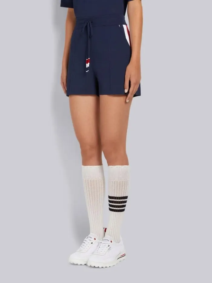 Stretch Viscose Intarsia Side Stripe Pintuck Midthigh Shorts Navy Women Thom Browne Sweats