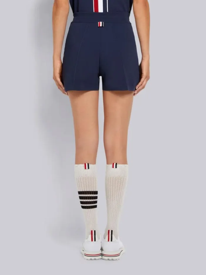 Stretch Viscose Intarsia Side Stripe Pintuck Midthigh Shorts Navy Women Thom Browne Sweats