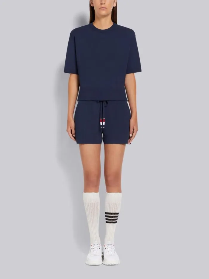 Stretch Viscose Intarsia Side Stripe Pintuck Midthigh Shorts Navy Women Thom Browne Sweats