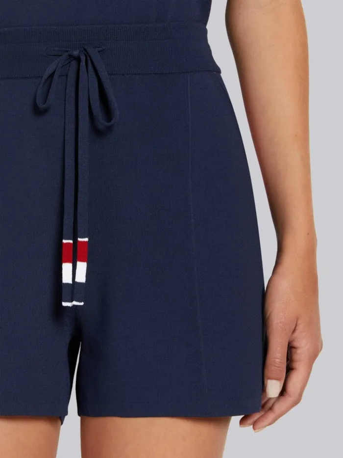 Stretch Viscose Intarsia Side Stripe Pintuck Midthigh Shorts Navy Women Thom Browne Sweats