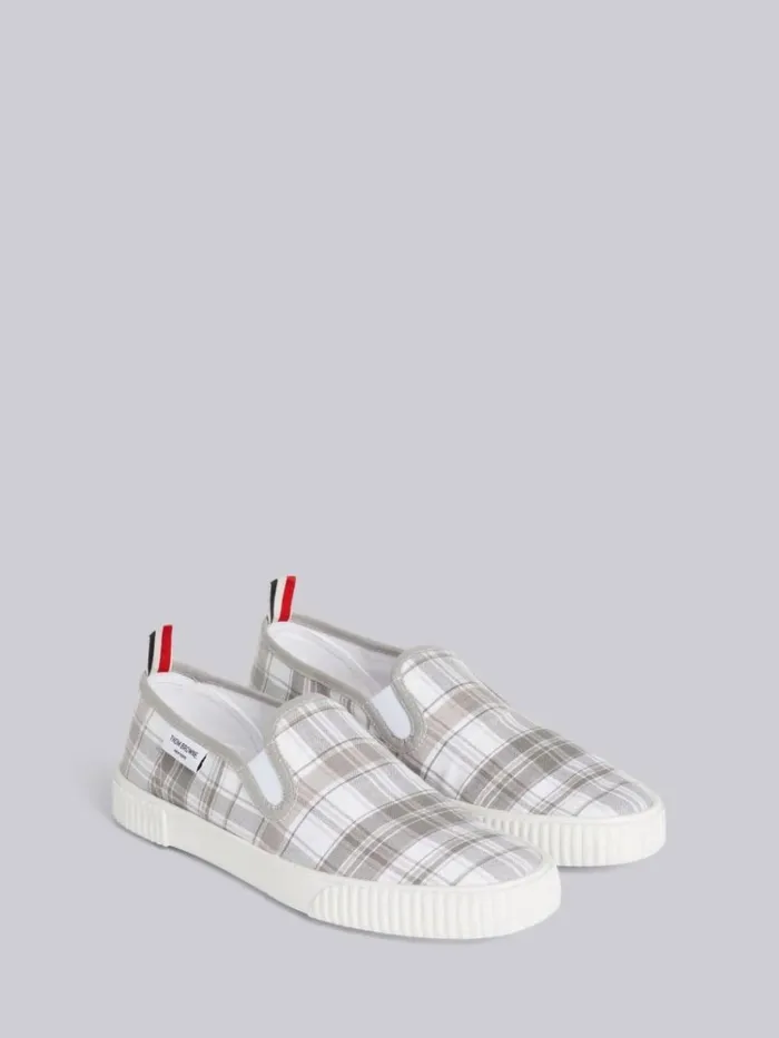 Stripe Plaid Vulcanized Sole Slip On Heritage Trainer Medium Grey Men Thom Browne Sneakers