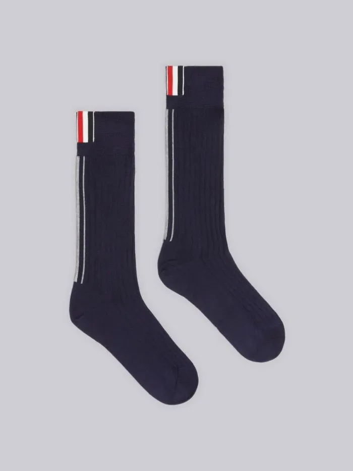 Sustainable Machine Washable Merino Wool Intarsia Back Stripe Mid Calf Rib Socks Navy Women Thom Browne Socks