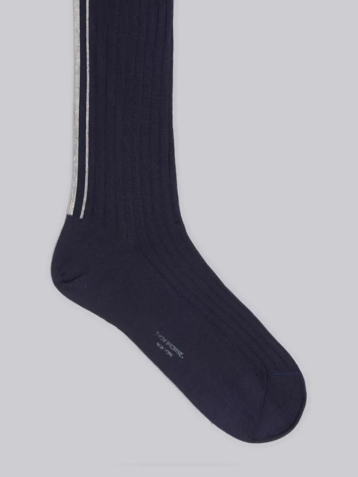 Sustainable Machine Washable Merino Wool Intarsia Back Stripe Mid Calf Rib Socks Navy Women Thom Browne Socks