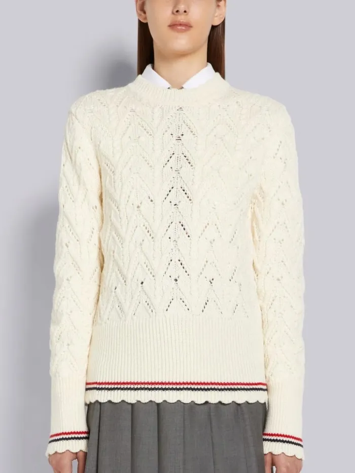 Sustainable Merino Wool Pointelle Cable Knit Scallop Trim Pullover White Women Thom Browne Knitwear Sustainable Merino Wool Pointelle Cable Knit Scallop Trim Pullover White Women Thom Browne Knitwear