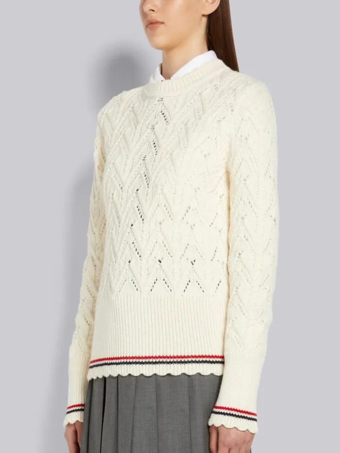 Sustainable Merino Wool Pointelle Cable Knit Scallop Trim Pullover White Women Thom Browne Knitwear