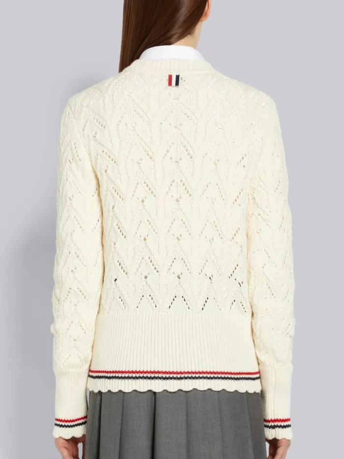 Sustainable Merino Wool Pointelle Cable Knit Scallop Trim Pullover White Women Thom Browne Knitwear